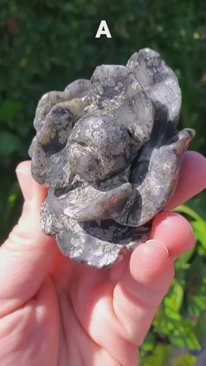 Chunky Pyrite Flower Carving  - Blocks Negativity, Boost Personal Power, Helps Manifestations - Pyrite Crystal Rose Healing Gemstone