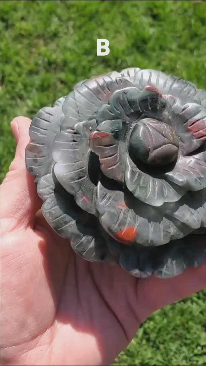 Big African Bloodstone Rose - Calming, Grounding, Persistence, Courage - Black and Red Crystal Flower Carving Statement or Paperweight