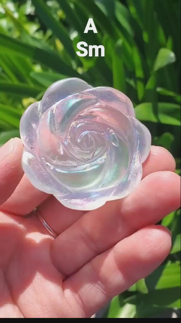 Aura Quartz Flower - Counteracts the Negative, Energizes Positive Energy - Rainbow Quartz Rose Carving Crystal Flower Healing Stone