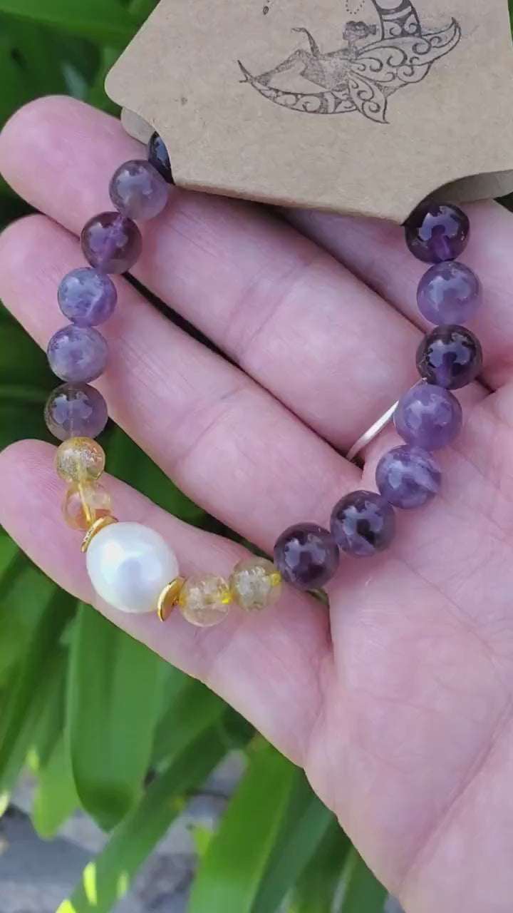 Empowering Crystal Bracelet with Amethyst, Citrine and Mother Pearl - Bring Harmony, Release Fear & Manifest - Handmade Crystal Jewelry