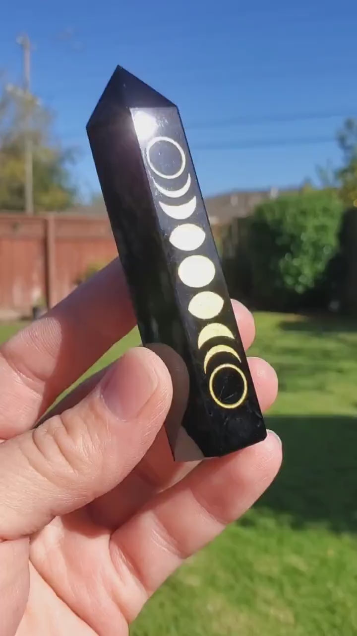 Small Obsidian Tower with Gold Moon Phase - Self Reflection, Release Negative Energies - 3.7" Obsidian Point Healing Gemstones