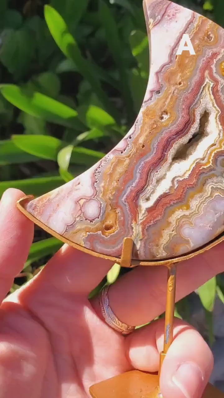 Pink Lace Agate Moon on Stand - Balance of the Physical, Mental & Emotional - Pink Moon Crystal Carving Healing Gemstone